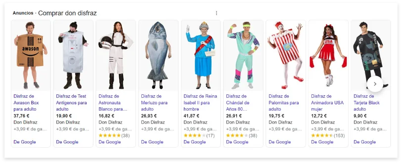 Fichas de producto de Don Disfraz en Google Shopping