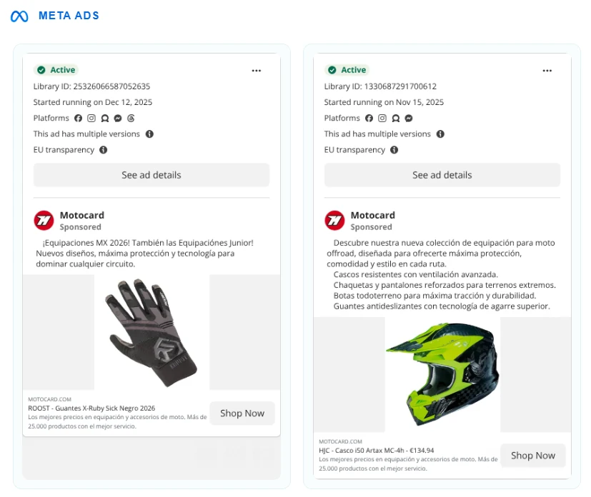 Anuncios activos de Motocard en la Biblioteca de Anuncios de Meta, capturados por Adscope Ad Report
